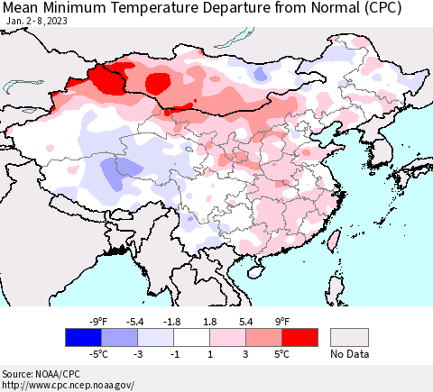 China, Mongolia and Taiwan Mean Minimum Temperature Departure from Normal (CPC) Thematic Map For 1/2/2023 - 1/8/2023