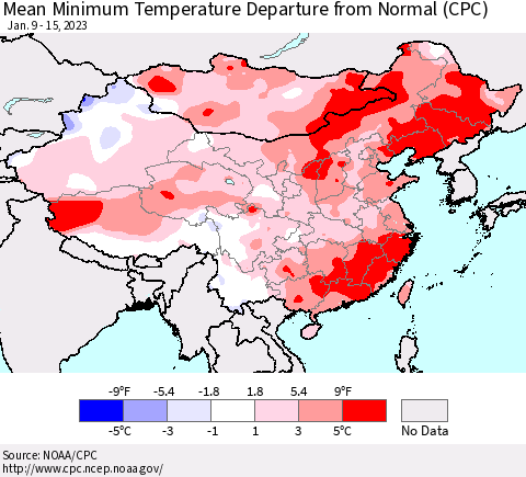 China, Mongolia and Taiwan Mean Minimum Temperature Departure from Normal (CPC) Thematic Map For 1/9/2023 - 1/15/2023