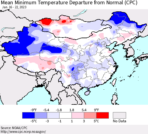 China, Mongolia and Taiwan Mean Minimum Temperature Departure from Normal (CPC) Thematic Map For 1/16/2023 - 1/22/2023