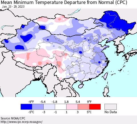 China, Mongolia and Taiwan Mean Minimum Temperature Departure from Normal (CPC) Thematic Map For 1/23/2023 - 1/29/2023