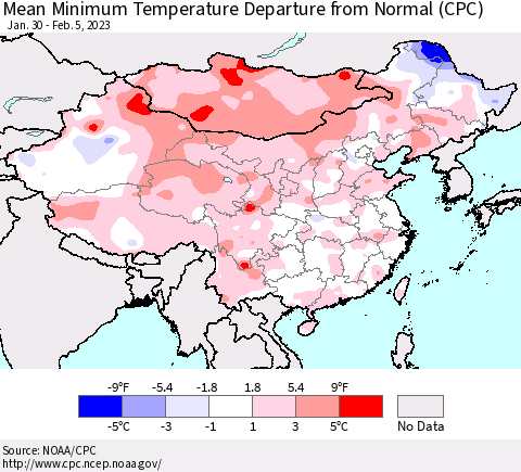 China, Mongolia and Taiwan Mean Minimum Temperature Departure from Normal (CPC) Thematic Map For 1/30/2023 - 2/5/2023