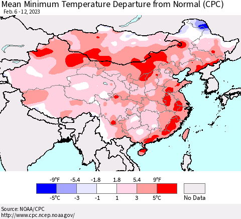 China, Mongolia and Taiwan Mean Minimum Temperature Departure from Normal (CPC) Thematic Map For 2/6/2023 - 2/12/2023