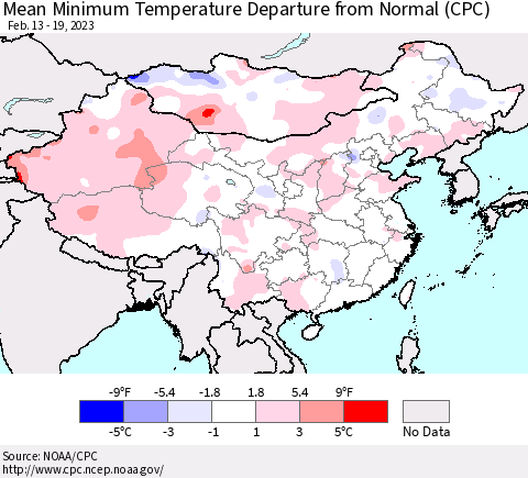 China, Mongolia and Taiwan Mean Minimum Temperature Departure from Normal (CPC) Thematic Map For 2/13/2023 - 2/19/2023