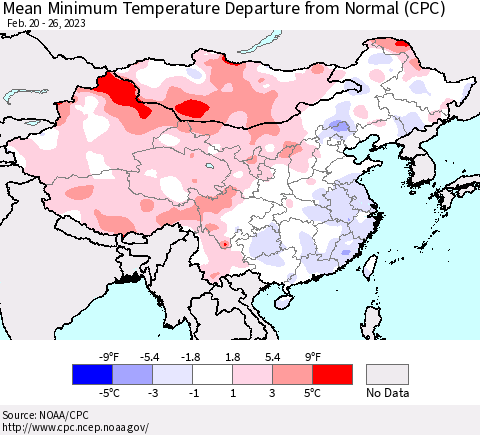China, Mongolia and Taiwan Mean Minimum Temperature Departure from Normal (CPC) Thematic Map For 2/20/2023 - 2/26/2023