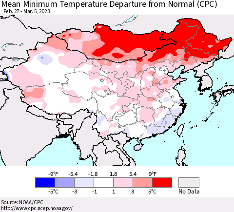 China, Mongolia and Taiwan Mean Minimum Temperature Departure from Normal (CPC) Thematic Map For 2/27/2023 - 3/5/2023