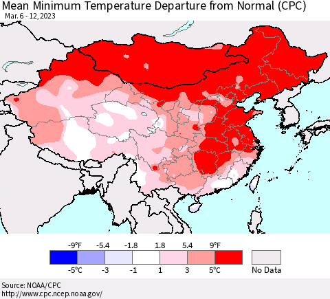 China, Mongolia and Taiwan Mean Minimum Temperature Departure from Normal (CPC) Thematic Map For 3/6/2023 - 3/12/2023