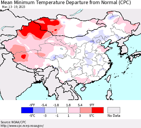 China, Mongolia and Taiwan Mean Minimum Temperature Departure from Normal (CPC) Thematic Map For 3/13/2023 - 3/19/2023