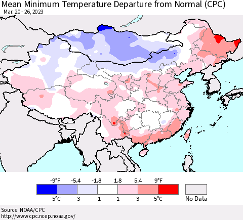 China, Mongolia and Taiwan Mean Minimum Temperature Departure from Normal (CPC) Thematic Map For 3/20/2023 - 3/26/2023
