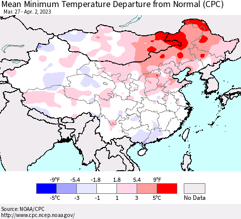 China, Mongolia and Taiwan Mean Minimum Temperature Departure from Normal (CPC) Thematic Map For 3/27/2023 - 4/2/2023