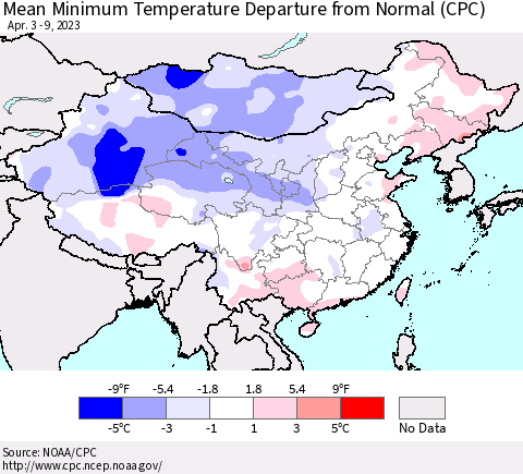 China, Mongolia and Taiwan Mean Minimum Temperature Departure from Normal (CPC) Thematic Map For 4/3/2023 - 4/9/2023