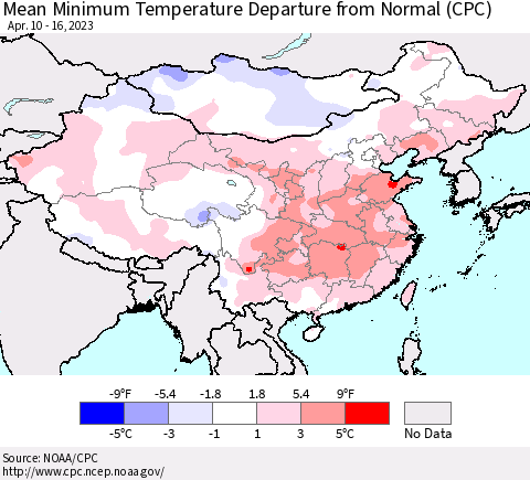 China, Mongolia and Taiwan Mean Minimum Temperature Departure from Normal (CPC) Thematic Map For 4/10/2023 - 4/16/2023