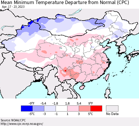 China, Mongolia and Taiwan Mean Minimum Temperature Departure from Normal (CPC) Thematic Map For 4/17/2023 - 4/23/2023