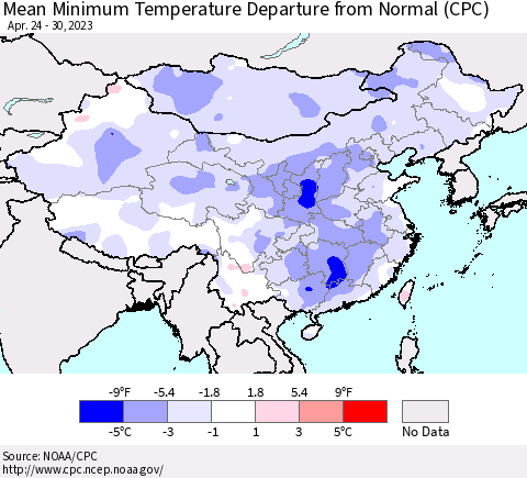China, Mongolia and Taiwan Mean Minimum Temperature Departure from Normal (CPC) Thematic Map For 4/24/2023 - 4/30/2023