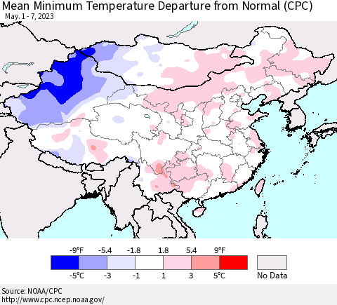 China, Mongolia and Taiwan Mean Minimum Temperature Departure from Normal (CPC) Thematic Map For 5/1/2023 - 5/7/2023