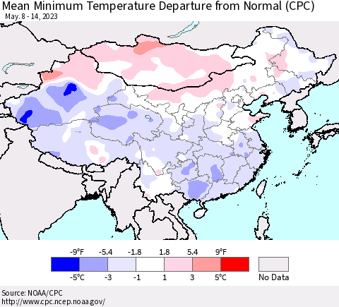 China, Mongolia and Taiwan Mean Minimum Temperature Departure from Normal (CPC) Thematic Map For 5/8/2023 - 5/14/2023