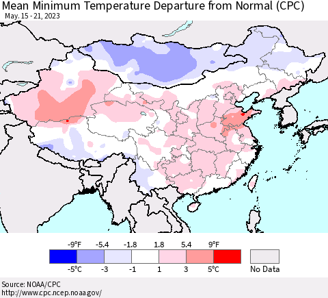 China, Mongolia and Taiwan Mean Minimum Temperature Departure from Normal (CPC) Thematic Map For 5/15/2023 - 5/21/2023