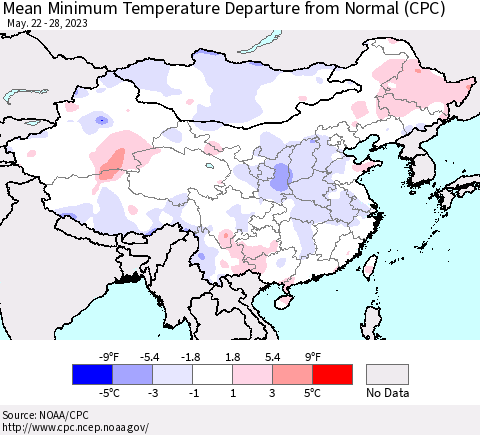 China, Mongolia and Taiwan Mean Minimum Temperature Departure from Normal (CPC) Thematic Map For 5/22/2023 - 5/28/2023