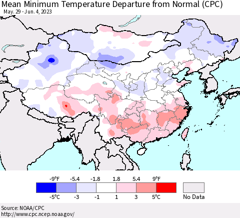 China, Mongolia and Taiwan Mean Minimum Temperature Departure from Normal (CPC) Thematic Map For 5/29/2023 - 6/4/2023