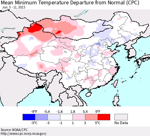 China, Mongolia and Taiwan Mean Minimum Temperature Departure from Normal (CPC) Thematic Map For 6/5/2023 - 6/11/2023