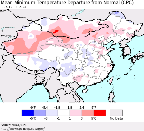 China, Mongolia and Taiwan Mean Minimum Temperature Departure from Normal (CPC) Thematic Map For 6/12/2023 - 6/18/2023