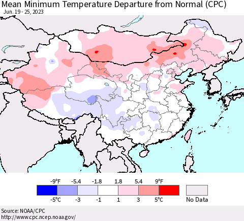 China, Mongolia and Taiwan Mean Minimum Temperature Departure from Normal (CPC) Thematic Map For 6/19/2023 - 6/25/2023