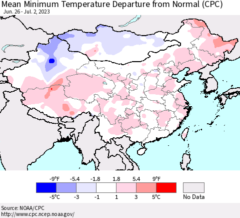 China, Mongolia and Taiwan Mean Minimum Temperature Departure from Normal (CPC) Thematic Map For 6/26/2023 - 7/2/2023