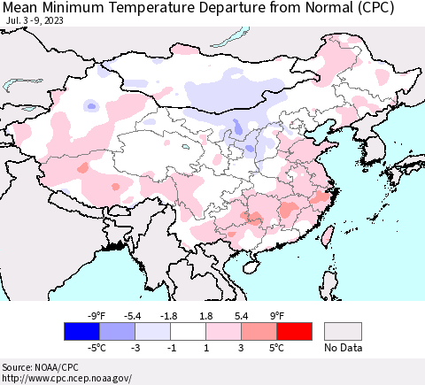China, Mongolia and Taiwan Mean Minimum Temperature Departure from Normal (CPC) Thematic Map For 7/3/2023 - 7/9/2023