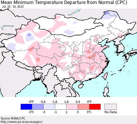 China, Mongolia and Taiwan Mean Minimum Temperature Departure from Normal (CPC) Thematic Map For 7/10/2023 - 7/16/2023