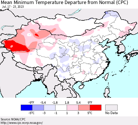 China, Mongolia and Taiwan Mean Minimum Temperature Departure from Normal (CPC) Thematic Map For 7/17/2023 - 7/23/2023