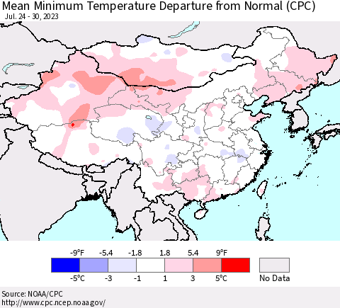 China, Mongolia and Taiwan Mean Minimum Temperature Departure from Normal (CPC) Thematic Map For 7/24/2023 - 7/30/2023