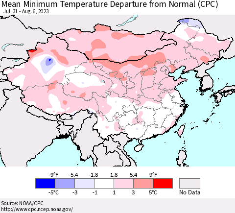 China, Mongolia and Taiwan Mean Minimum Temperature Departure from Normal (CPC) Thematic Map For 7/31/2023 - 8/6/2023