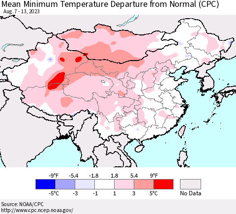 China, Mongolia and Taiwan Mean Minimum Temperature Departure from Normal (CPC) Thematic Map For 8/7/2023 - 8/13/2023