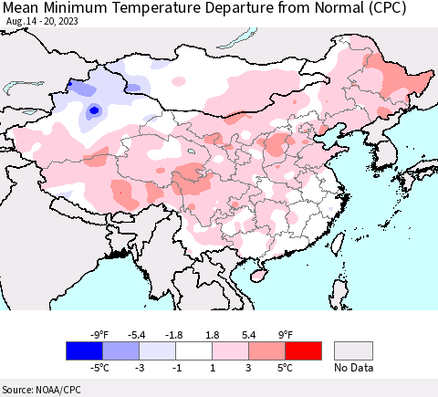 China, Mongolia and Taiwan Mean Minimum Temperature Departure from Normal (CPC) Thematic Map For 8/14/2023 - 8/20/2023