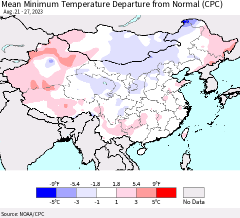 China, Mongolia and Taiwan Mean Minimum Temperature Departure from Normal (CPC) Thematic Map For 8/21/2023 - 8/27/2023