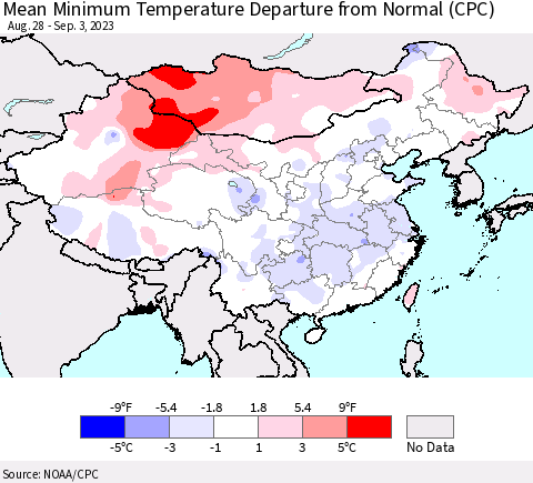 China, Mongolia and Taiwan Mean Minimum Temperature Departure from Normal (CPC) Thematic Map For 8/28/2023 - 9/3/2023