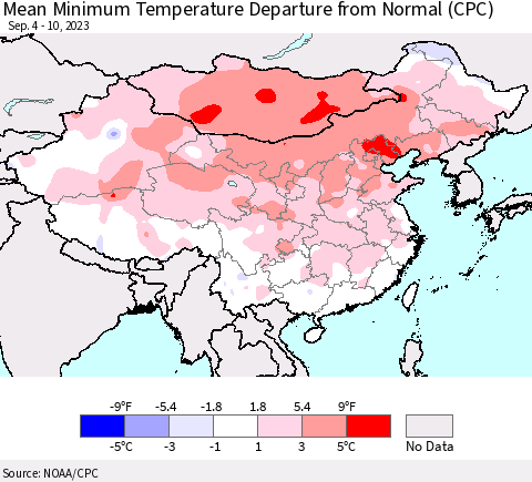 China, Mongolia and Taiwan Mean Minimum Temperature Departure from Normal (CPC) Thematic Map For 9/4/2023 - 9/10/2023