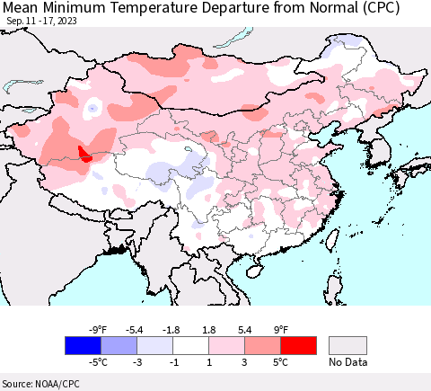 China, Mongolia and Taiwan Mean Minimum Temperature Departure from Normal (CPC) Thematic Map For 9/11/2023 - 9/17/2023