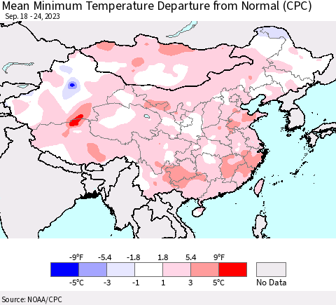 China, Mongolia and Taiwan Mean Minimum Temperature Departure from Normal (CPC) Thematic Map For 9/18/2023 - 9/24/2023
