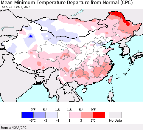 China, Mongolia and Taiwan Mean Minimum Temperature Departure from Normal (CPC) Thematic Map For 9/25/2023 - 10/1/2023