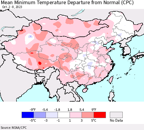 China, Mongolia and Taiwan Mean Minimum Temperature Departure from Normal (CPC) Thematic Map For 10/2/2023 - 10/8/2023