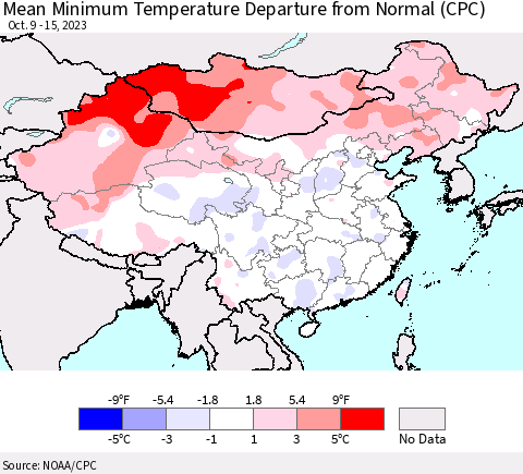 China, Mongolia and Taiwan Mean Minimum Temperature Departure from Normal (CPC) Thematic Map For 10/9/2023 - 10/15/2023