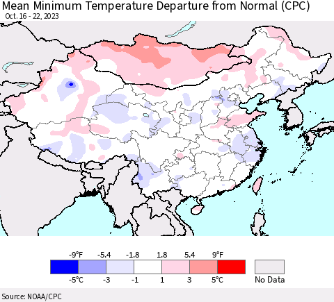 China, Mongolia and Taiwan Mean Minimum Temperature Departure from Normal (CPC) Thematic Map For 10/16/2023 - 10/22/2023