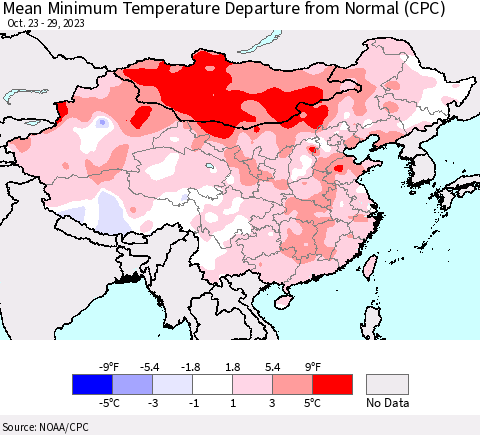 China, Mongolia and Taiwan Mean Minimum Temperature Departure from Normal (CPC) Thematic Map For 10/23/2023 - 10/29/2023