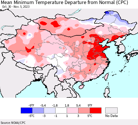 China, Mongolia and Taiwan Mean Minimum Temperature Departure from Normal (CPC) Thematic Map For 10/30/2023 - 11/5/2023