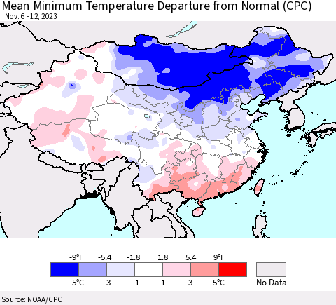 China, Mongolia and Taiwan Mean Minimum Temperature Departure from Normal (CPC) Thematic Map For 11/6/2023 - 11/12/2023