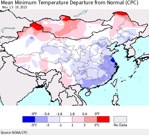 China, Mongolia and Taiwan Mean Minimum Temperature Departure from Normal (CPC) Thematic Map For 11/13/2023 - 11/19/2023