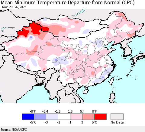 China, Mongolia and Taiwan Mean Minimum Temperature Departure from Normal (CPC) Thematic Map For 11/20/2023 - 11/26/2023
