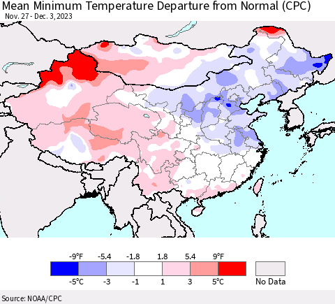 China, Mongolia and Taiwan Mean Minimum Temperature Departure from Normal (CPC) Thematic Map For 11/27/2023 - 12/3/2023