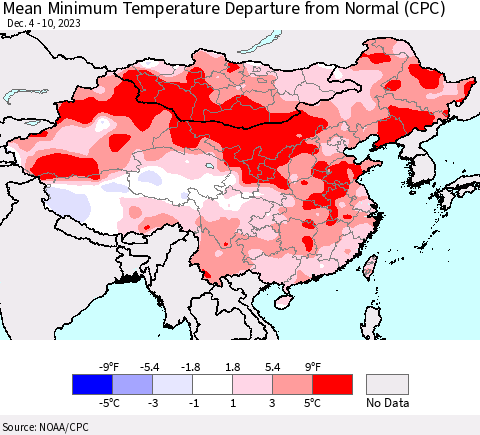 China, Mongolia and Taiwan Mean Minimum Temperature Departure from Normal (CPC) Thematic Map For 12/4/2023 - 12/10/2023