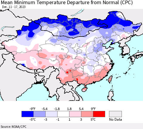 China, Mongolia and Taiwan Mean Minimum Temperature Departure from Normal (CPC) Thematic Map For 12/11/2023 - 12/17/2023